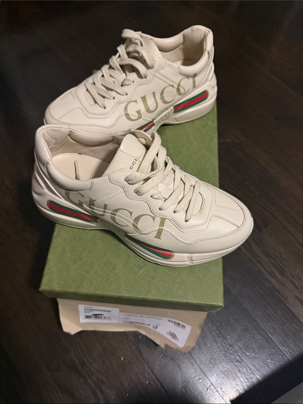 Gucci White Leather Rhyton Sneakers with Green and Red Web